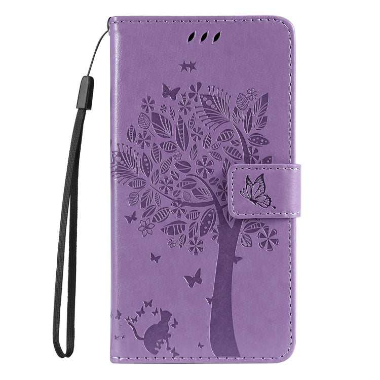 For Samsung Galaxy S25 / S24 5G Tree & Cat Embossed Pattern Flip Leather Phone Case(Light Purple) - Galaxy S25 5G Cases by PMC TechLife | Online Shopping South Africa | PMC TechLife | Buy Now Pay Later Mobicred