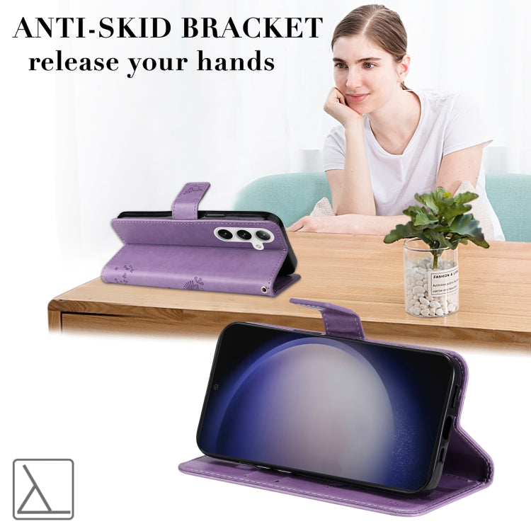 For Samsung Galaxy S25 / S24 5G Tree & Cat Embossed Pattern Flip Leather Phone Case(Light Purple) - Galaxy S25 5G Cases by PMC TechLife | Online Shopping South Africa | PMC TechLife | Buy Now Pay Later Mobicred