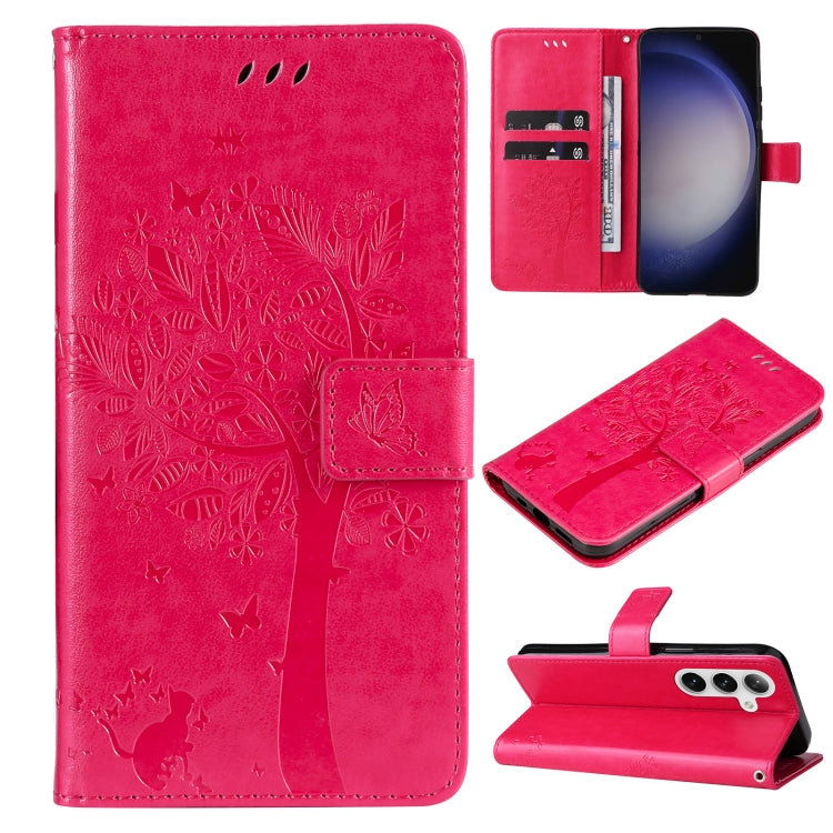For Samsung Galaxy S25+ / S24+ 5G Tree & Cat Embossed Pattern Flip Leather Phone Case(Rose Red) - Galaxy S25+ 5G Cases by PMC TechLife | Online Shopping South Africa | PMC TechLife | Buy Now Pay Later Mobicred