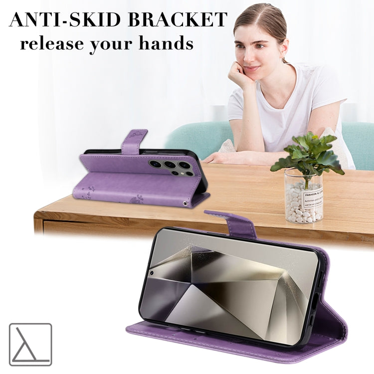 For Samsung Galaxy S25 Ultra 5G Tree & Cat Embossed Pattern Flip Leather Phone Case(Light Purple) - Galaxy S25 Ultra 5G Cases by PMC TechLife | Online Shopping South Africa | PMC TechLife | Buy Now Pay Later Mobicred