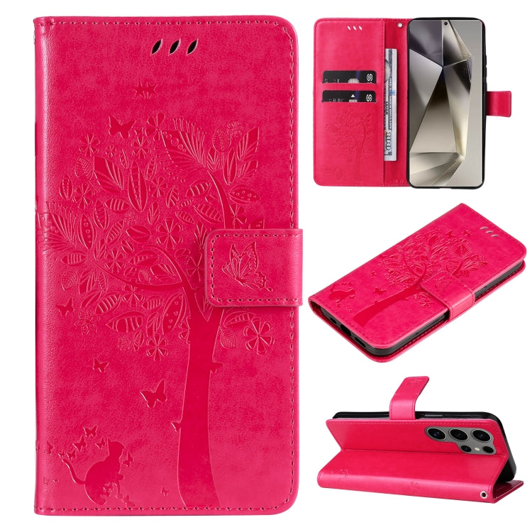 For Samsung Galaxy S25 Ultra 5G Tree & Cat Embossed Pattern Flip Leather Phone Case(Rose Red) - Galaxy S25 Ultra 5G Cases by PMC TechLife | Online Shopping South Africa | PMC TechLife | Buy Now Pay Later Mobicred