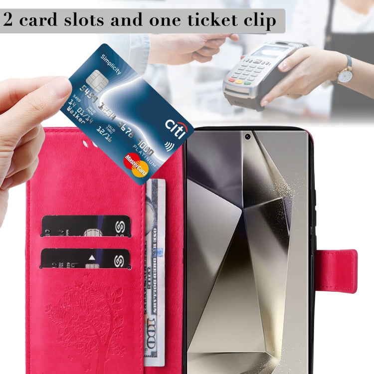 For Samsung Galaxy S25 Ultra 5G Tree & Cat Embossed Pattern Flip Leather Phone Case(Rose Red) - Galaxy S25 Ultra 5G Cases by PMC TechLife | Online Shopping South Africa | PMC TechLife | Buy Now Pay Later Mobicred