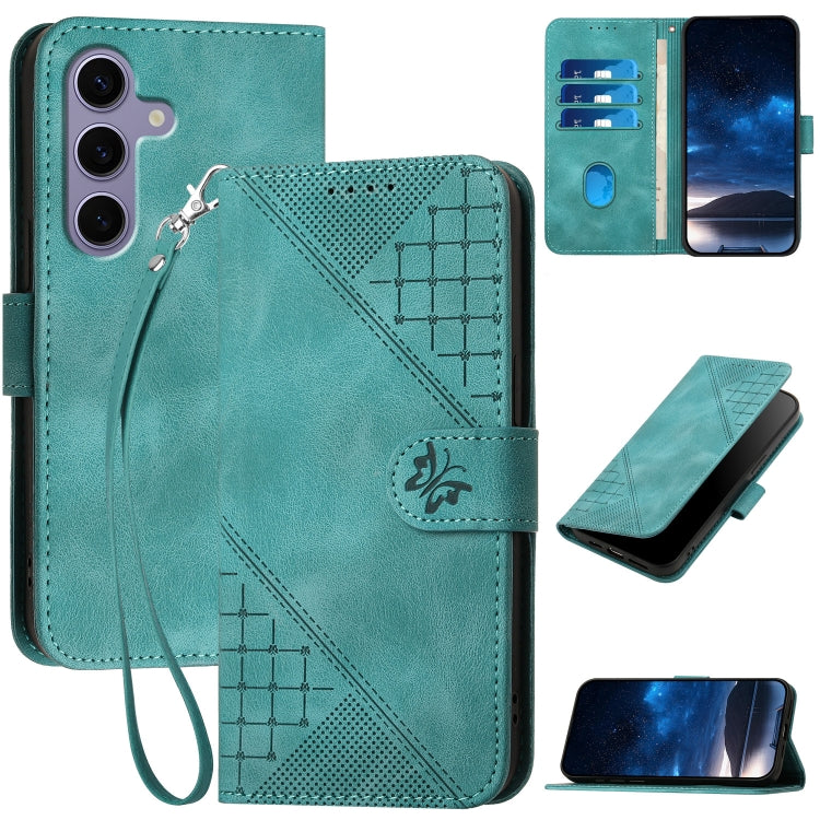 For Samsung Galaxy S25 5G Grid Butterfly Embossed Pattern Leather Phone Case with Lanyard(Light Blue) - free shipping - PMC TechLife - Order now!