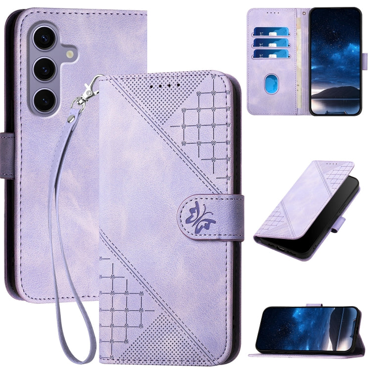For Samsung Galaxy S25 5G YX0080 Grid Butterfly Embossed Pattern Flip Leather Phone Case with Lanyard(Light Purple) - Galaxy S25 5G Cases by PMC TechLife | Online Shopping South Africa | PMC TechLife | Buy Now Pay Later Mobicred