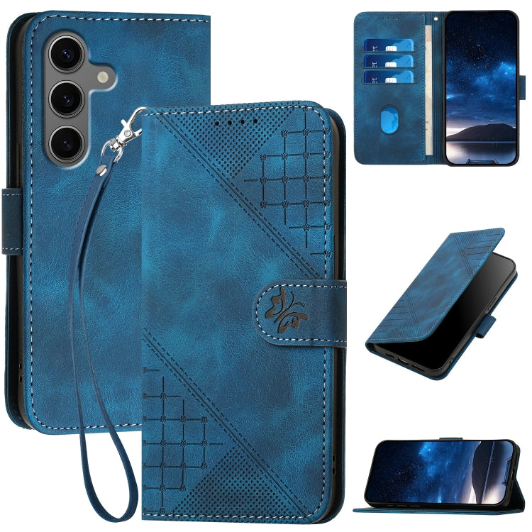 For Samsung Galaxy S25+ 5G YX0080 Grid Butterfly Embossed Pattern Flip Leather Phone Case with Lanyard(Dark Blue) - Galaxy S25+ 5G Cases by PMC TechLife | Online Shopping South Africa | PMC TechLife | Buy Now Pay Later Mobicred