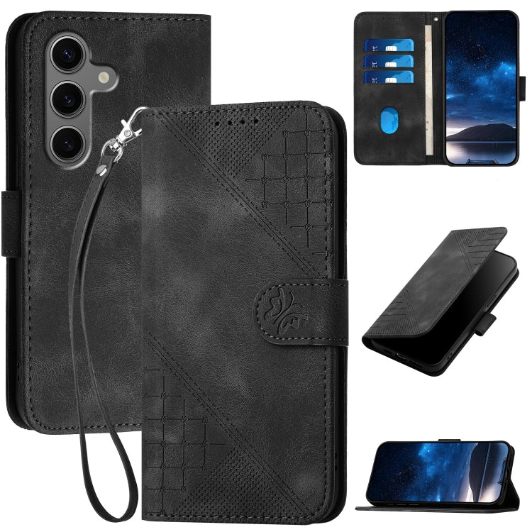 For Samsung Galaxy S25+ 5G YX0080 Grid Butterfly Embossed Pattern Flip Leather Phone Case with Lanyard(Black) - Galaxy S25+ 5G Cases by PMC TechLife | Online Shopping South Africa | PMC TechLife | Buy Now Pay Later Mobicred