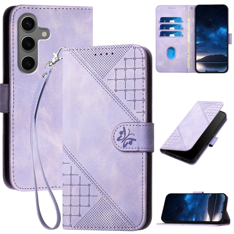 For Samsung Galaxy S25+ 5G YX0080 Grid Butterfly Embossed Pattern Flip Leather Phone Case with Lanyard(Light Purple) - Galaxy S25+ 5G Cases by PMC TechLife | Online Shopping South Africa | PMC TechLife | Buy Now Pay Later Mobicred