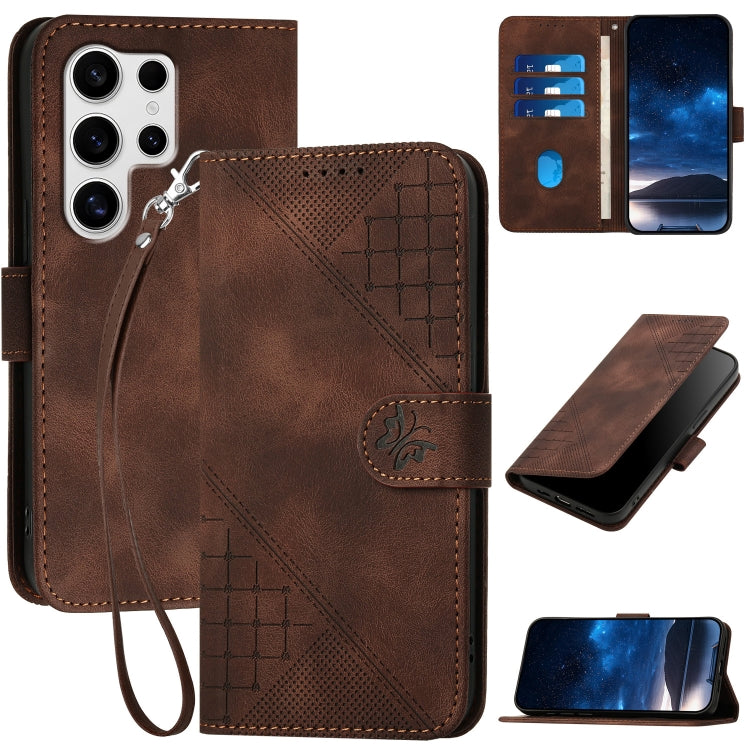 For Samsung Galaxy S25 Ultra 5G YX0080 Grid Butterfly Embossed Pattern Flip Leather Phone Case with Lanyard(Coffee) - Galaxy S25 Ultra 5G Cases by PMC TechLife | Online Shopping South Africa | PMC TechLife | Buy Now Pay Later Mobicred