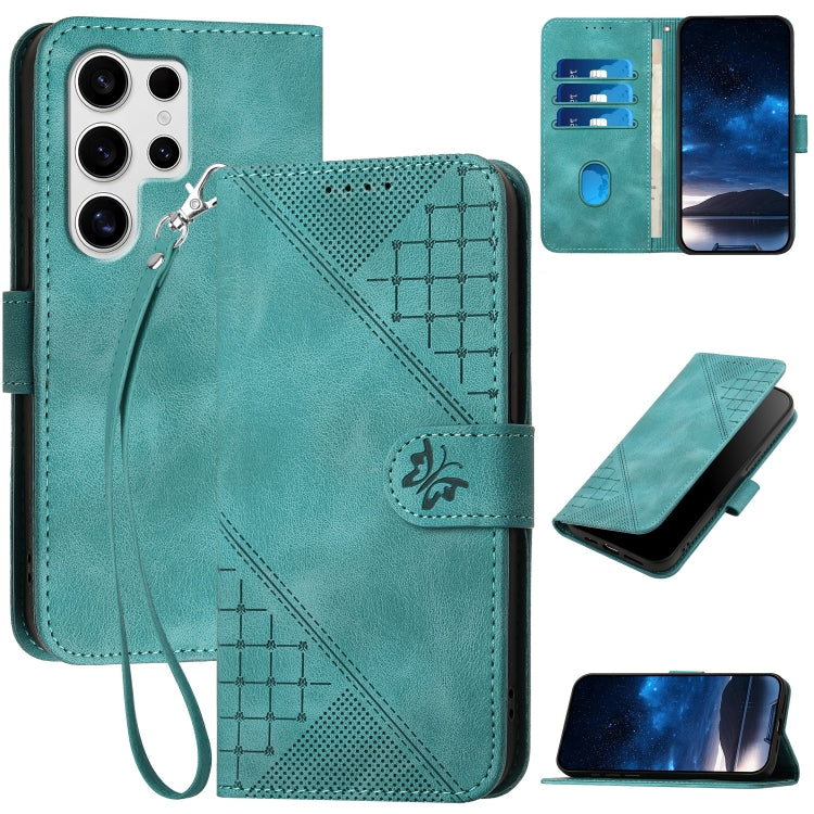 For Samsung Galaxy S25 Ultra 5G YX0080 Grid Butterfly Embossed Pattern Flip Leather Phone Case with Lanyard(Light Blue) - Galaxy S25 Ultra 5G Cases by PMC TechLife | Online Shopping South Africa | PMC TechLife | Buy Now Pay Later Mobicred