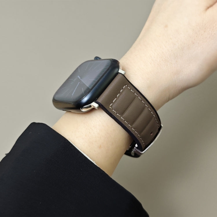 For Apple Watch 46mm / 49mm / 45mm / 44mm Striations Genuine Leather Butterfly Buckle Watch Band(Brown) - Watch Bands by PMc TechLife | Online Shopping South Africa | PMc TechLife | Buy Now Pay Later Mobicred