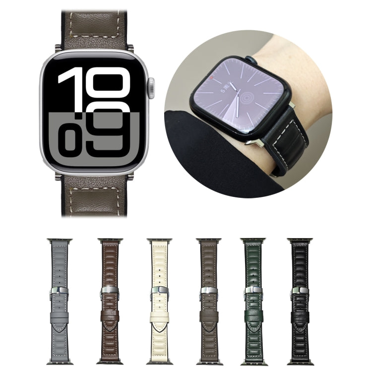 For Apple Watch 46mm / 49mm / 45mm / 44mm Striations Genuine Leather Butterfly Buckle Watch Band(Brown) - Watch Bands by PMc TechLife | Online Shopping South Africa | PMc TechLife | Buy Now Pay Later Mobicred