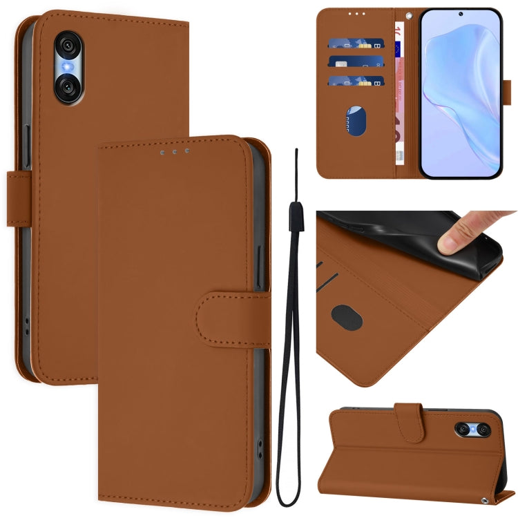 For Sony Xperia 10 VI 2024 Skin Feel Solid Color Leather Phone Case with Lanyard(Brown) - free shipping - PMC Jewellery - Order now!