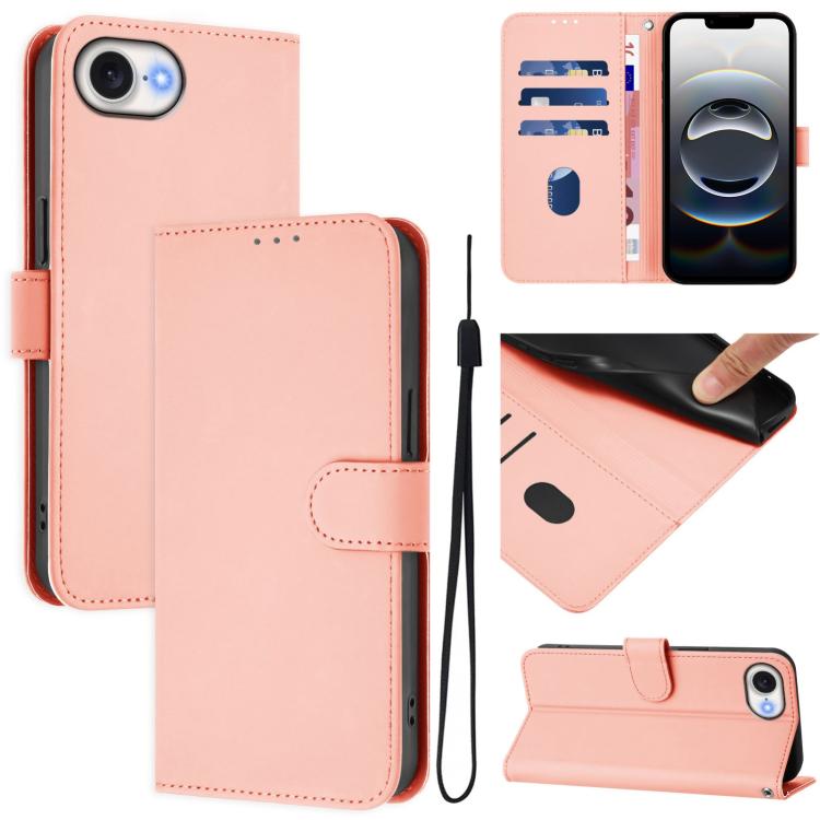 For iPhone 16e Skin Feel Solid Color Leather Phone Case with Lanyard(Pink) - iPhone 16e Cases by PMC TechLife | Online Shopping South Africa | PMC TechLife | Buy Now Pay Later Mobicred