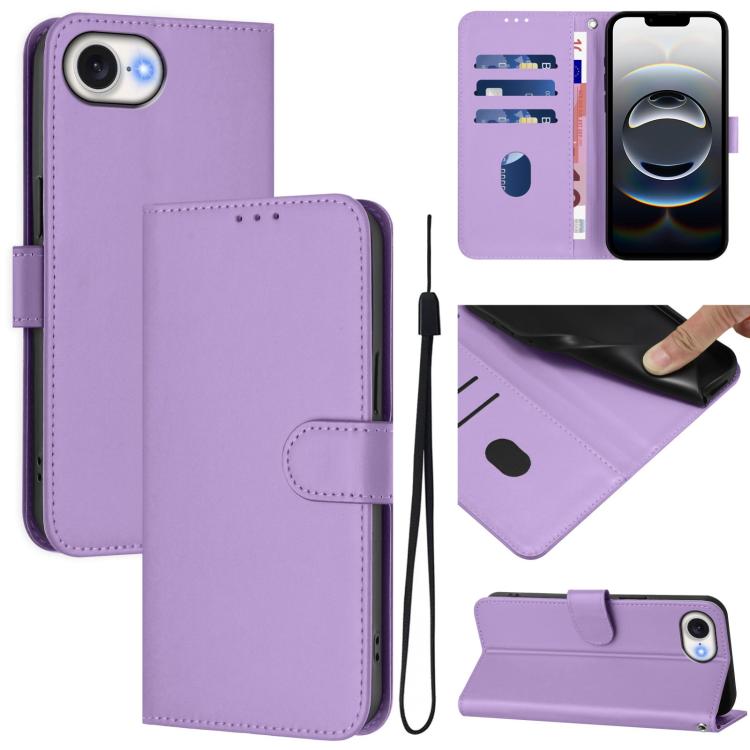 For iPhone 16e Skin Feel Solid Color Leather Phone Case with Lanyard(Lavender Purple) - iPhone 16e Cases by PMC TechLife | Online Shopping South Africa | PMC TechLife | Buy Now Pay Later Mobicred