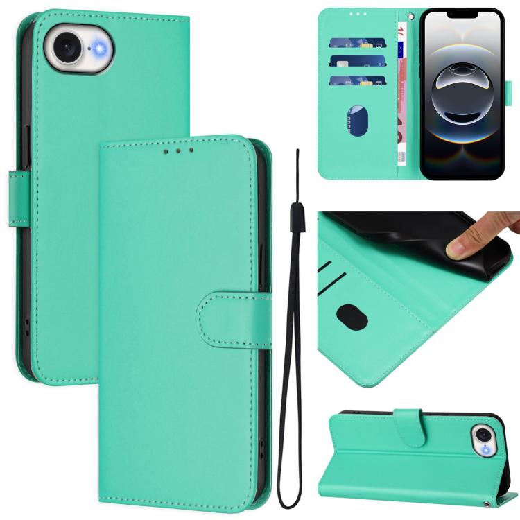 For iPhone 16e Skin Feel Solid Color Leather Phone Case with Lanyard(Green) - free shipping - PMC TechLife - Order now!