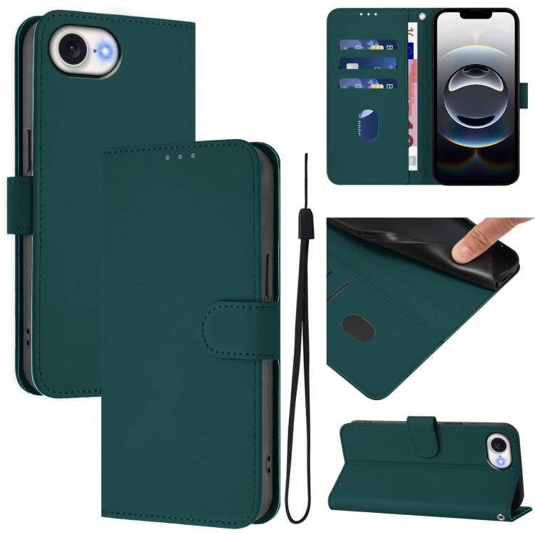 For iPhone 16e Skin Feel Solid Color Leather Phone Case with Lanyard(Dark Green) - iPhone 16e Cases by PMC TechLife | Online Shopping South Africa | PMC TechLife | Buy Now Pay Later Mobicred