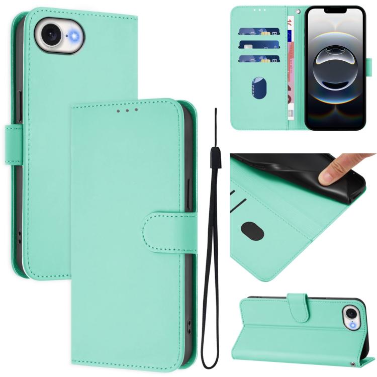 For iPhone 16e Skin Feel Solid Color Leather Phone Case with Lanyard(Mint Green) - iPhone 16e Cases by PMC TechLife | Online Shopping South Africa | PMC TechLife | Buy Now Pay Later Mobicred