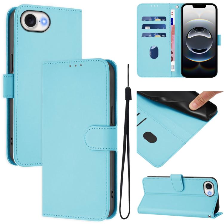 For iPhone 16e Skin Feel Solid Color Leather Phone Case with Lanyard(Sky Blue) - iPhone 16e Cases by PMC TechLife | Online Shopping South Africa | PMC TechLife | Buy Now Pay Later Mobicred