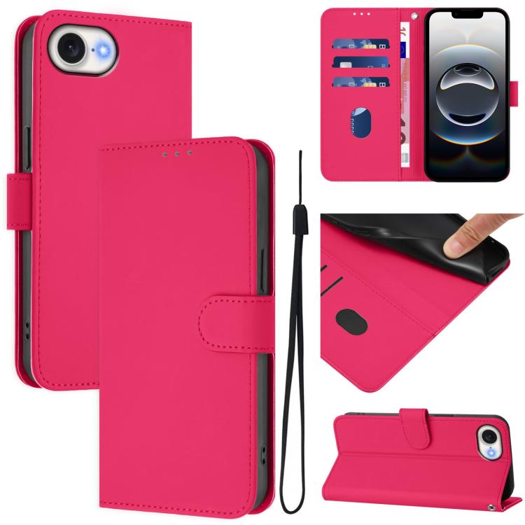 For iPhone 16e Skin Feel Solid Color Leather Phone Case with Lanyard(Rose Red) - iPhone 16e Cases by PMC TechLife | Online Shopping South Africa | PMC TechLife | Buy Now Pay Later Mobicred