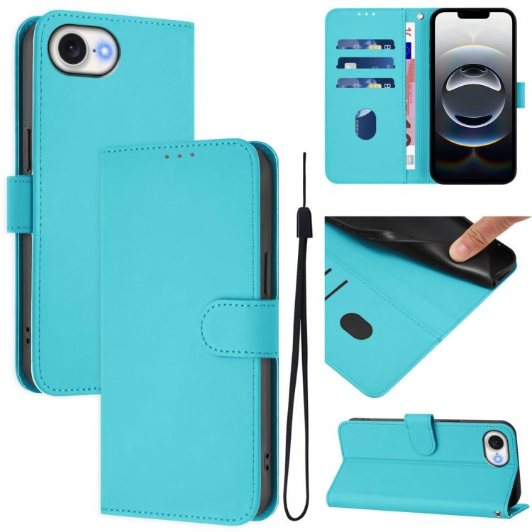 For iPhone 16e Skin Feel Solid Color Leather Phone Case with Lanyard(Lake Blue) - iPhone 16e Cases by PMC TechLife | Online Shopping South Africa | PMC TechLife | Buy Now Pay Later Mobicred