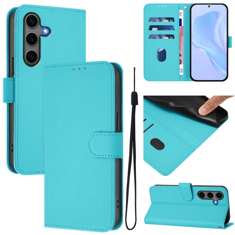 For Samsung Galaxy S25+ 5G Skin Feel Solid Color Leather Phone Case with Lanyard(Lake Blue) - Galaxy S25+ 5G Cases by PMC Jewellery | Online Shopping South Africa | PMC Jewellery | Buy Now Pay Later Mobicred