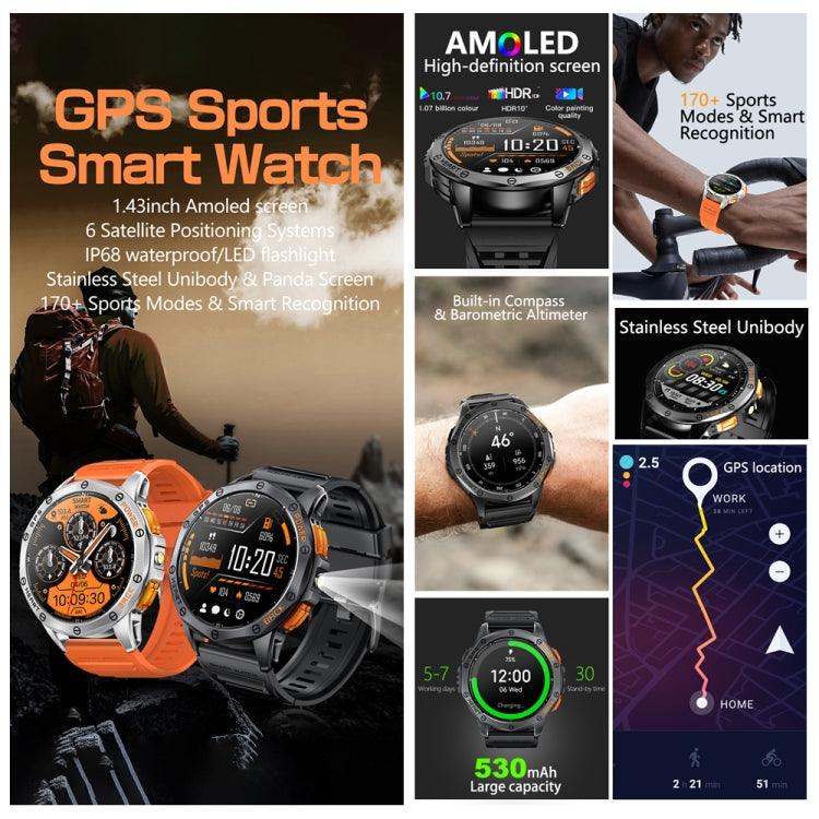 LEMFO K67 1.43 inch AMOLED Screen GPS Sports Smart Watch, Support Bluetooth Call / Health Monitoring(Silver Orange) - free shipping - PMC TechLife - Order now!
