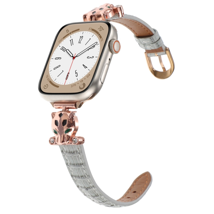 For Apple Watch 46mm / 49mm / 45mm / 44mm Leopard Head Bamboo Texture Leather Watch Band(Rose Gold Grey) - Watch Bands by PMc TechLife | Online Shopping South Africa | PMc TechLife | Buy Now Pay Later Mobicred