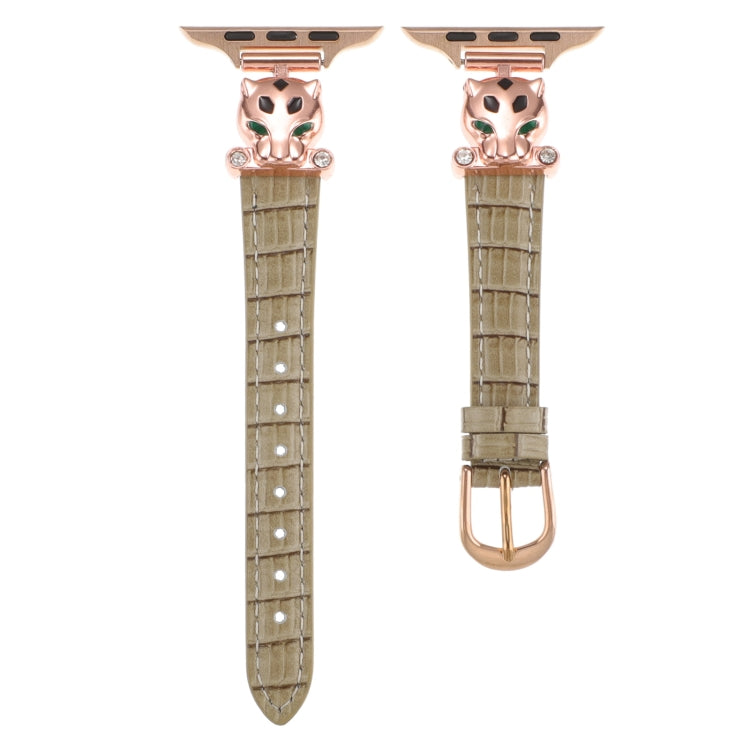 For Apple Watch 42mm / 41mm / 40mm / 38mm Leopard Head Bamboo Texture Leather Watch Band(Rose Gold Khaki) - free shipping - PMC TechLife - Order now!