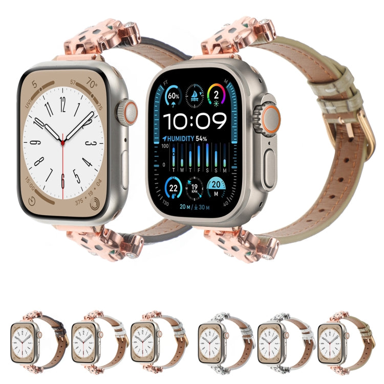 For Apple Watch 46mm / 49mm / 45mm / 44mm Leopard Head Bamboo Texture Leather Watch Band(Rose Gold Khaki) - free shipping - PMC TechLife - Order now!