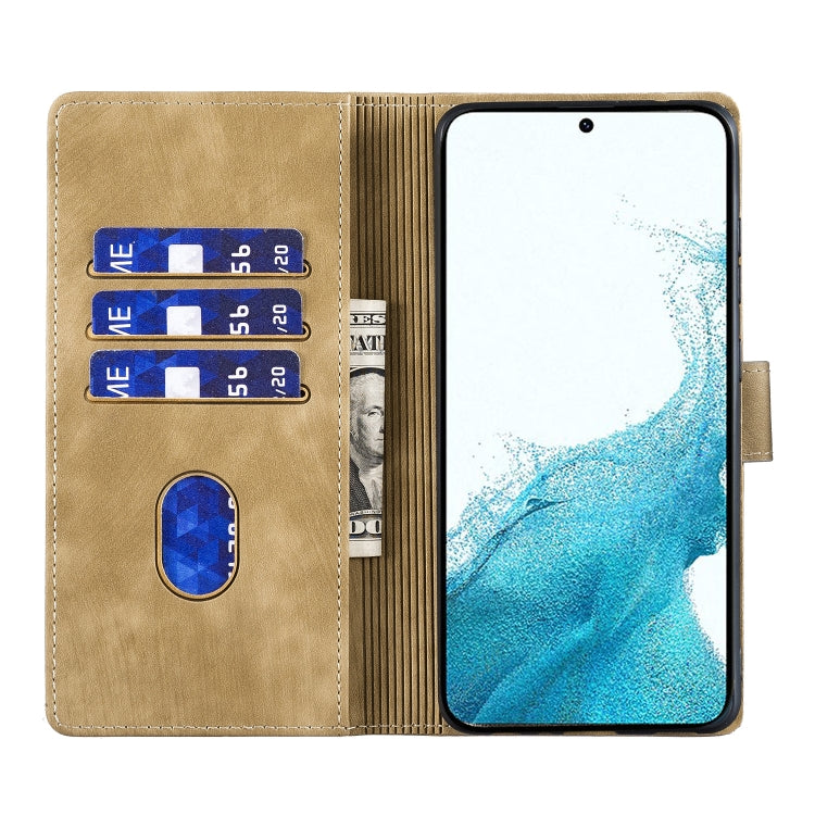 For Samsung Galaxy S25 5G Pen Heart Cat Embossed Leather Phone Case(Apricot) - Galaxy S25 5G Cases by PMC TechLife | Online Shopping South Africa | PMC TechLife | Buy Now Pay Later Mobicred