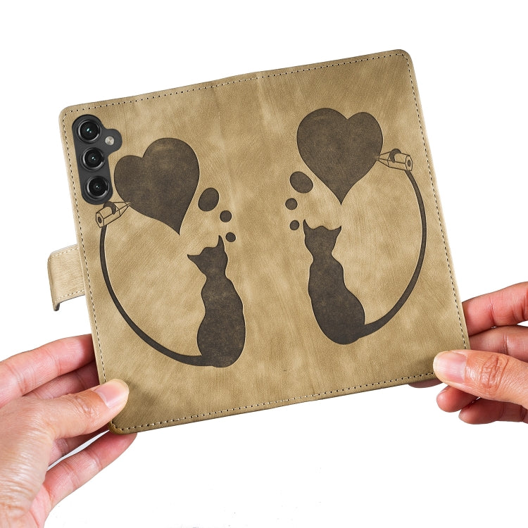 For Samsung Galaxy S25 5G Pen Heart Cat Embossed Leather Phone Case(Apricot) - Galaxy S25 5G Cases by PMC TechLife | Online Shopping South Africa | PMC TechLife | Buy Now Pay Later Mobicred