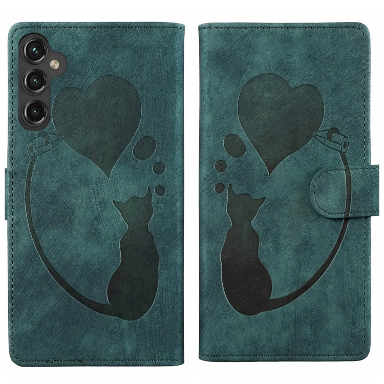 For Samsung Galaxy S25 5G Pen Heart Cat Embossed Leather Phone Case(Green) - Galaxy S25 5G Cases by PMC TechLife | Online Shopping South Africa | PMC TechLife | Buy Now Pay Later Mobicred