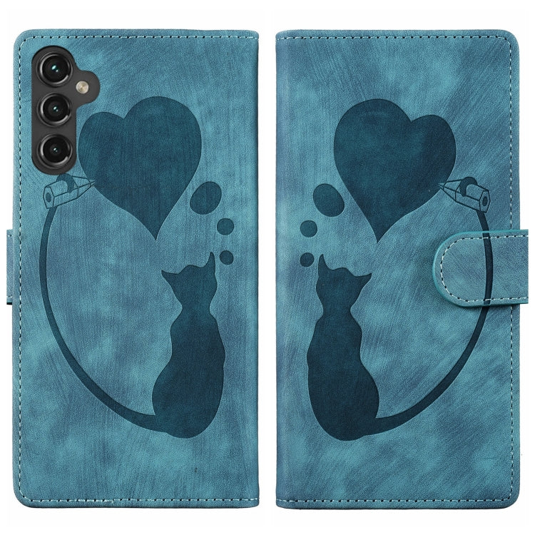 For Samsung Galaxy S25 5G Pen Heart Cat Embossed Leather Phone Case(Blue) - Galaxy S25 5G Cases by PMC TechLife | Online Shopping South Africa | PMC TechLife | Buy Now Pay Later Mobicred