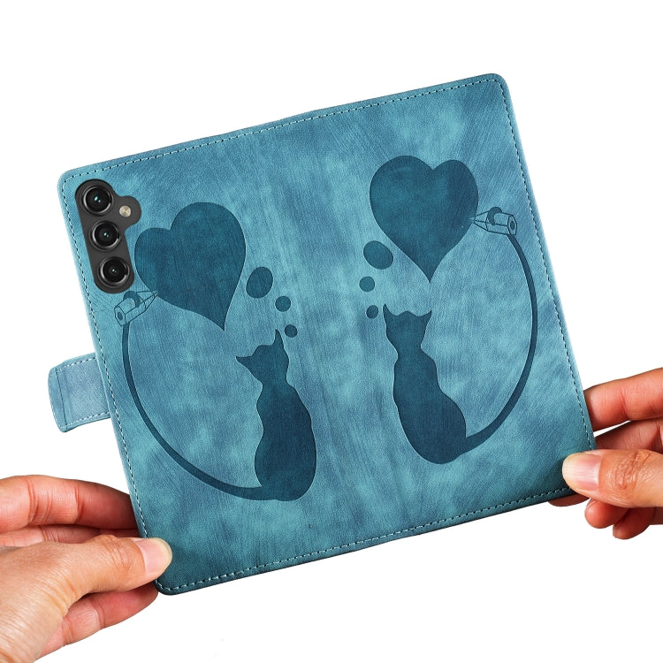 For Samsung Galaxy S25 5G Pen Heart Cat Embossed Leather Phone Case(Blue) - Galaxy S25 5G Cases by PMC TechLife | Online Shopping South Africa | PMC TechLife | Buy Now Pay Later Mobicred