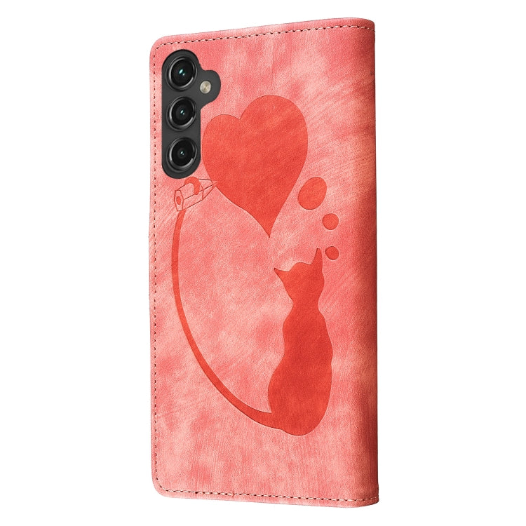 For Samsung Galaxy S25+ 5G Pen Heart Cat Embossed Leather Phone Case(Orange) - Galaxy S25+ 5G Cases by PMC TechLife | Online Shopping South Africa | PMC TechLife | Buy Now Pay Later Mobicred