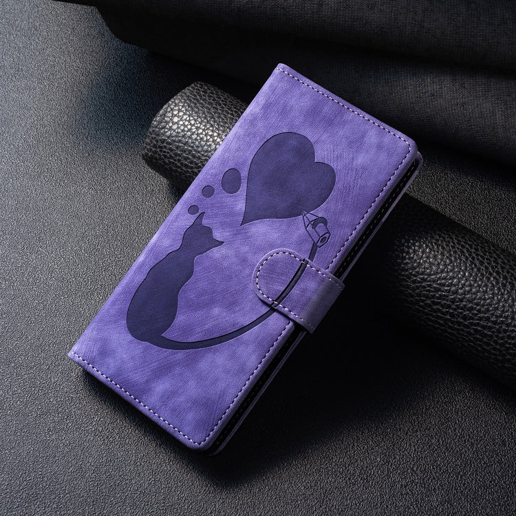 For Samsung Galaxy S25+ 5G Pen Heart Cat Embossed Leather Phone Case(Purple) - Galaxy S25+ 5G Cases by PMC TechLife | Online Shopping South Africa | PMC TechLife | Buy Now Pay Later Mobicred