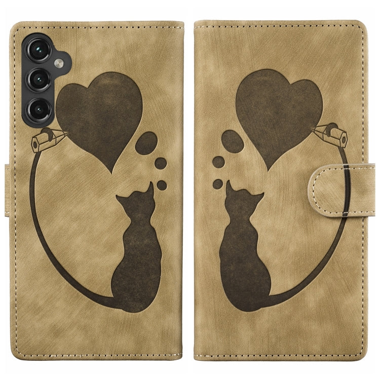 For Samsung Galaxy S25+ 5G Pen Heart Cat Embossed Leather Phone Case(Apricot) - Galaxy S25+ 5G Cases by PMC TechLife | Online Shopping South Africa | PMC TechLife | Buy Now Pay Later Mobicred
