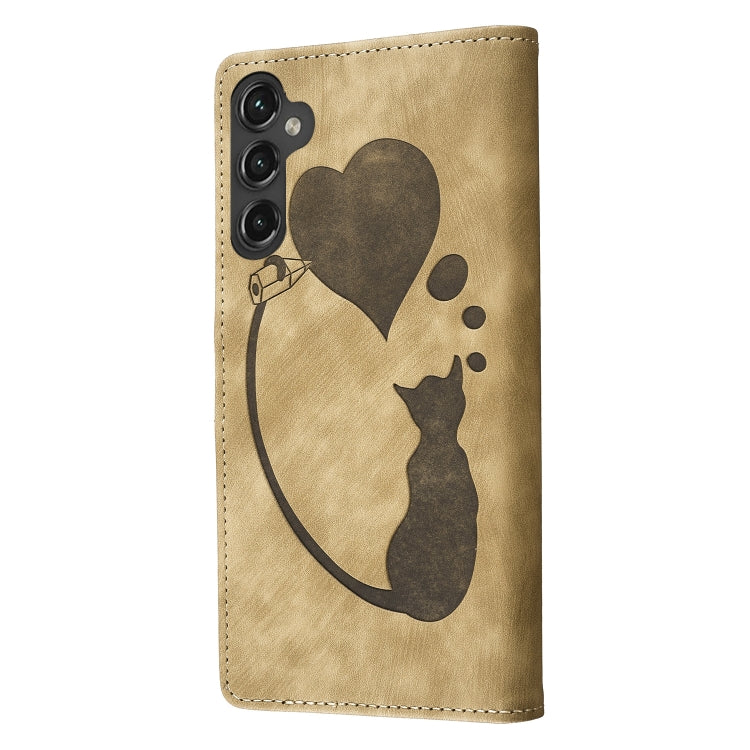 For Samsung Galaxy S25+ 5G Pen Heart Cat Embossed Leather Phone Case(Apricot) - Galaxy S25+ 5G Cases by PMC TechLife | Online Shopping South Africa | PMC TechLife | Buy Now Pay Later Mobicred