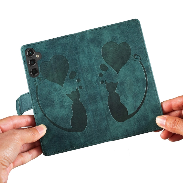For Samsung Galaxy S25+ 5G Pen Heart Cat Embossed Leather Phone Case(Green) - Galaxy S25+ 5G Cases by PMC TechLife | Online Shopping South Africa | PMC TechLife | Buy Now Pay Later Mobicred