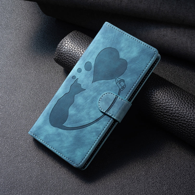 For Samsung Galaxy S25+ 5G Pen Heart Cat Embossed Leather Phone Case(Blue) - Galaxy S25+ 5G Cases by PMC TechLife | Online Shopping South Africa | PMC TechLife | Buy Now Pay Later Mobicred