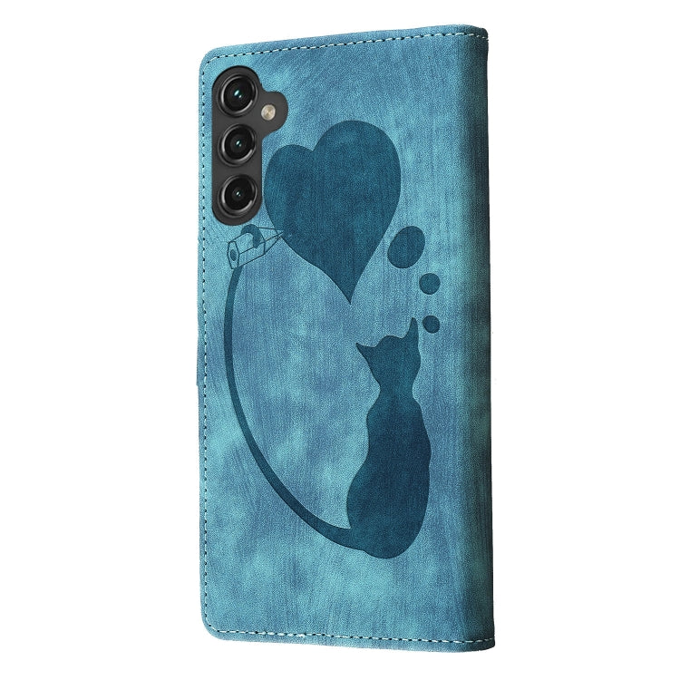 For Samsung Galaxy S25+ 5G Pen Heart Cat Embossed Leather Phone Case(Blue) - Galaxy S25+ 5G Cases by PMC TechLife | Online Shopping South Africa | PMC TechLife | Buy Now Pay Later Mobicred