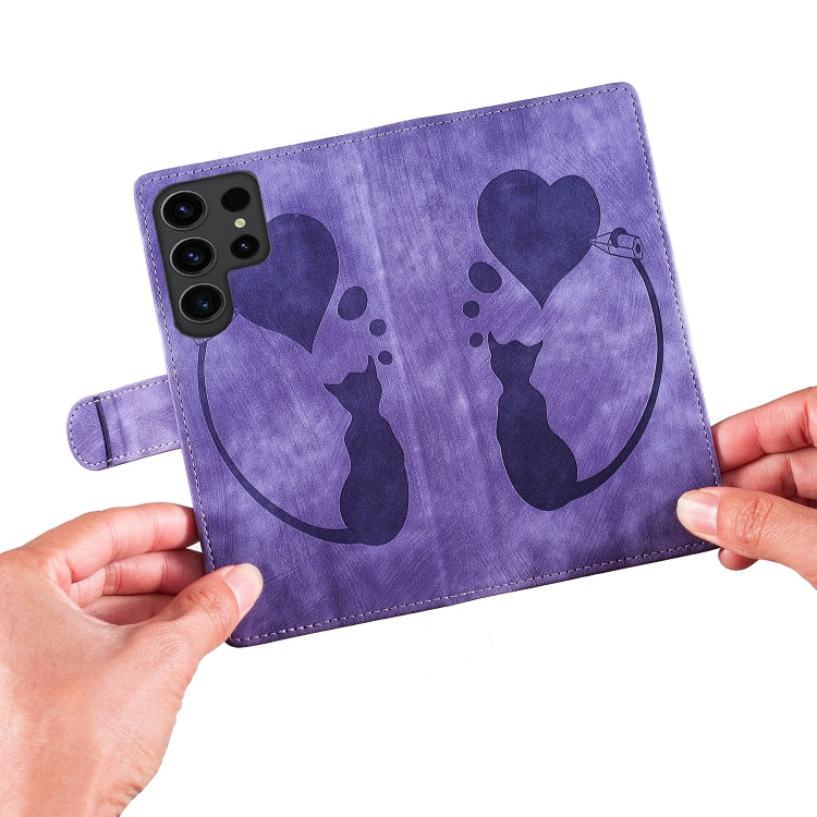 For Samsung Galaxy S25 Ultra 5G Pen Heart Cat Embossed Leather Phone Case(Purple) - free shipping - PMC TechLife - Order now!