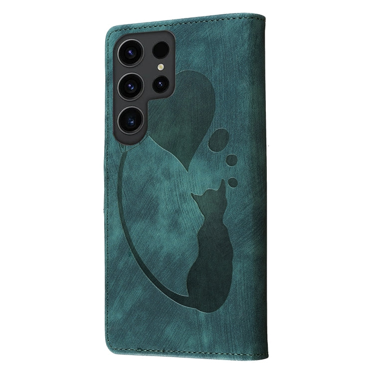 For Samsung Galaxy S25 Ultra 5G Pen Heart Cat Embossed Leather Phone Case(Green) - Galaxy S25 Ultra 5G Cases by PMC TechLife | Online Shopping South Africa | PMC TechLife | Buy Now Pay Later Mobicred