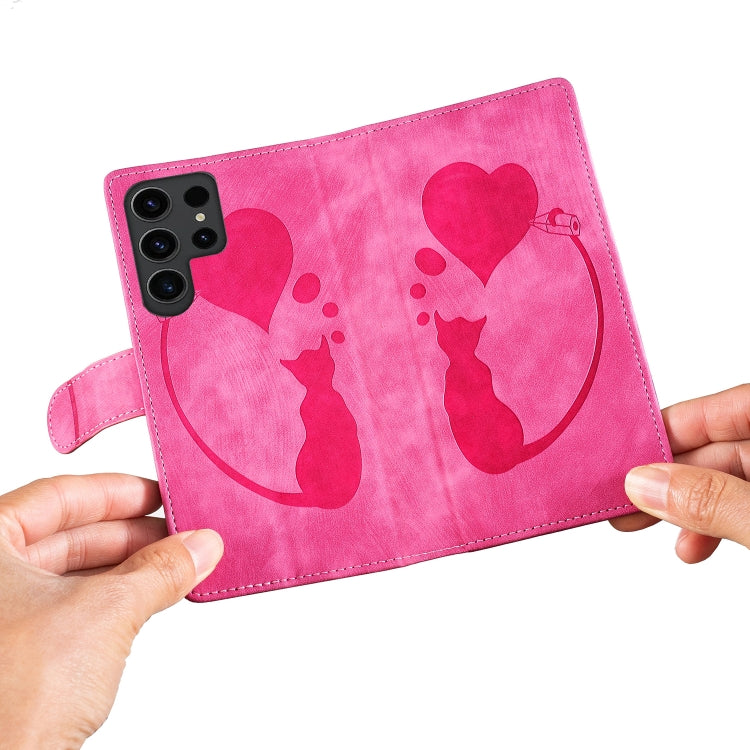 For Samsung Galaxy S25 Ultra 5G Pen Heart Cat Embossed Leather Phone Case(Pink) - Galaxy S25 Ultra 5G Cases by PMC TechLife | Online Shopping South Africa | PMC TechLife | Buy Now Pay Later Mobicred