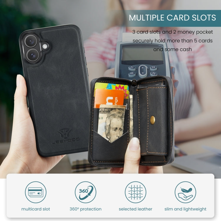 For iPhone 16 Plus JEEHOOD J02 Magnetic Zipper Horizontal Flip Leather Phone Case(Black) - free shipping - PMC Jewellery - Order now!