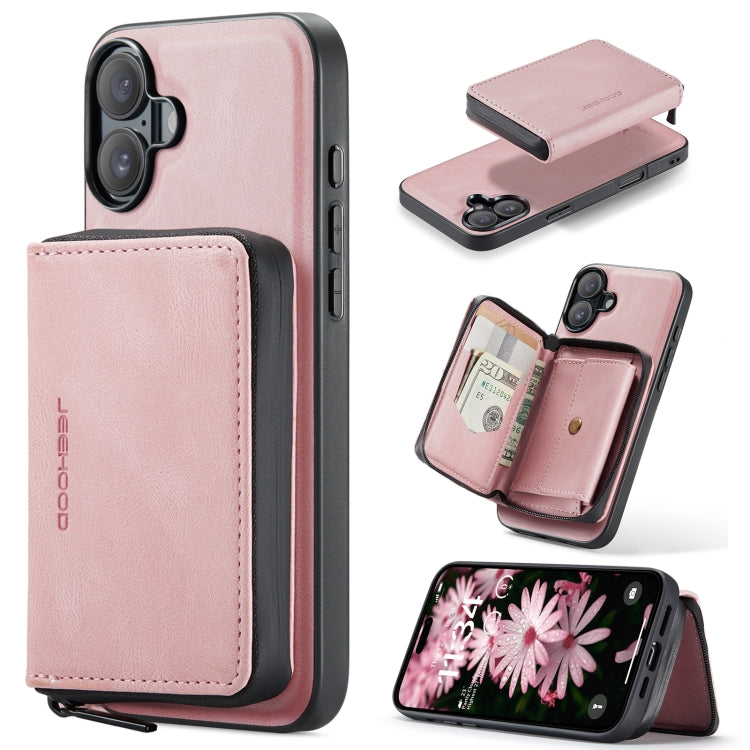 For iPhone 16 JEEHOOD J02 Magnetic Zipper Horizontal Flip Leather Phone Case(Pink) - free shipping - PMC Jewellery - Order now!