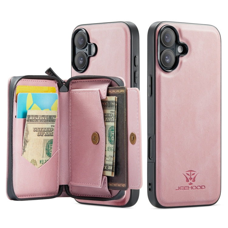 For iPhone 16 JEEHOOD J02 Magnetic Zipper Horizontal Flip Leather Phone Case(Pink) - free shipping - PMC Jewellery - Order now!