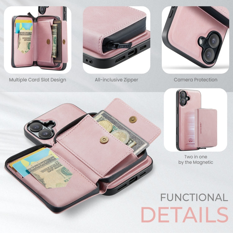 For iPhone 16 JEEHOOD J02 Magnetic Zipper Horizontal Flip Leather Phone Case(Pink) - free shipping - PMC Jewellery - Order now!