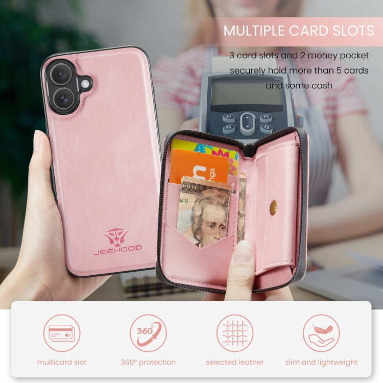 For iPhone 16 JEEHOOD J02 Magnetic Zipper Horizontal Flip Leather Phone Case(Pink) - free shipping - PMC Jewellery - Order now!