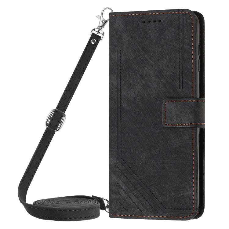 For Samsung Galaxy S25+ / S24+ 5G Skin Feel Stripe Pattern Leather Phone Case with Long Lanyard(Black) - Galaxy S25+ 5G Cases by PMC Jewellery | Online Shopping South Africa | PMC Jewellery | Buy Now Pay Later Mobicred